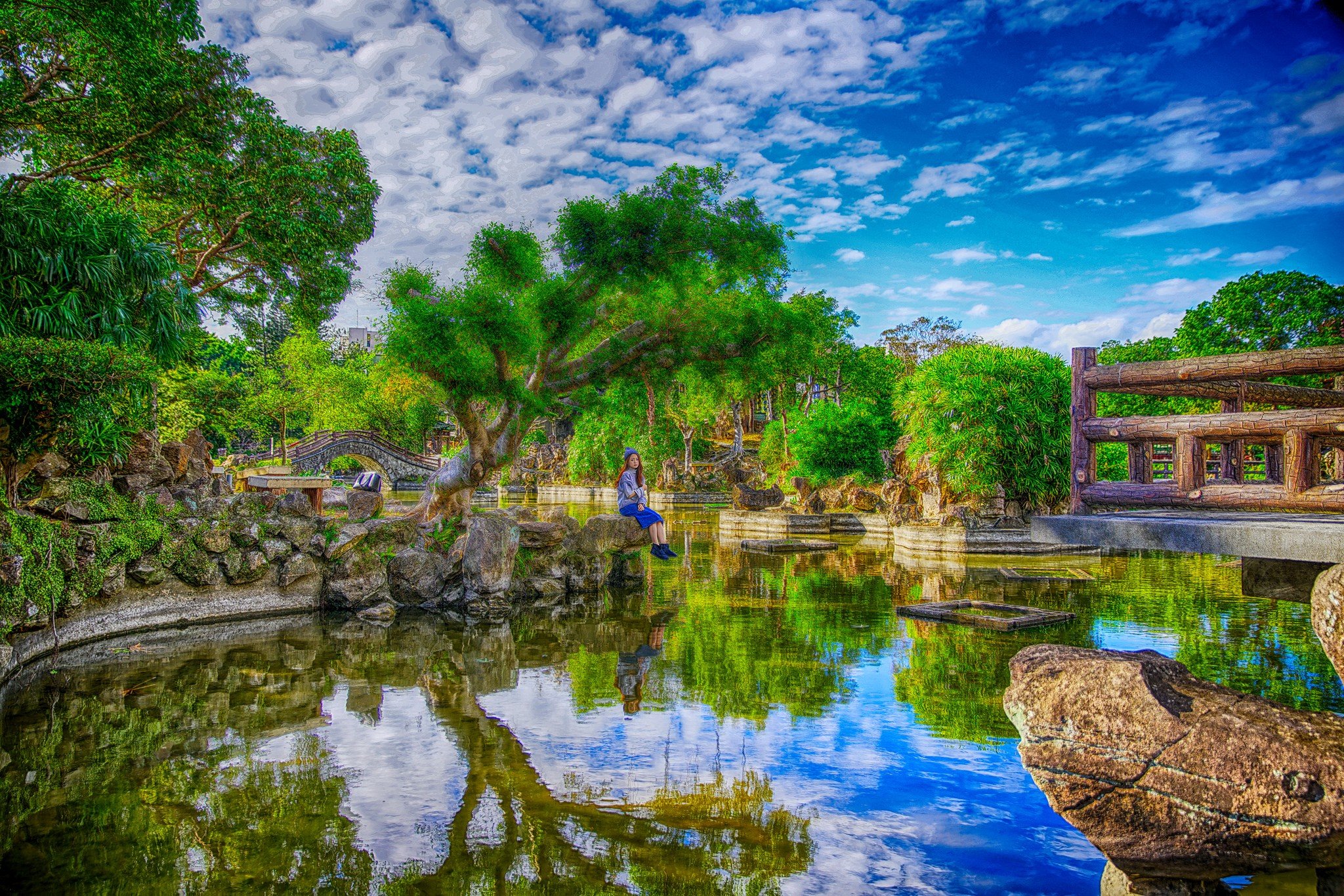 Asian, Women, Sitting, HDR, Park, Water, Reflection, Clouds, Trees Wallpaper