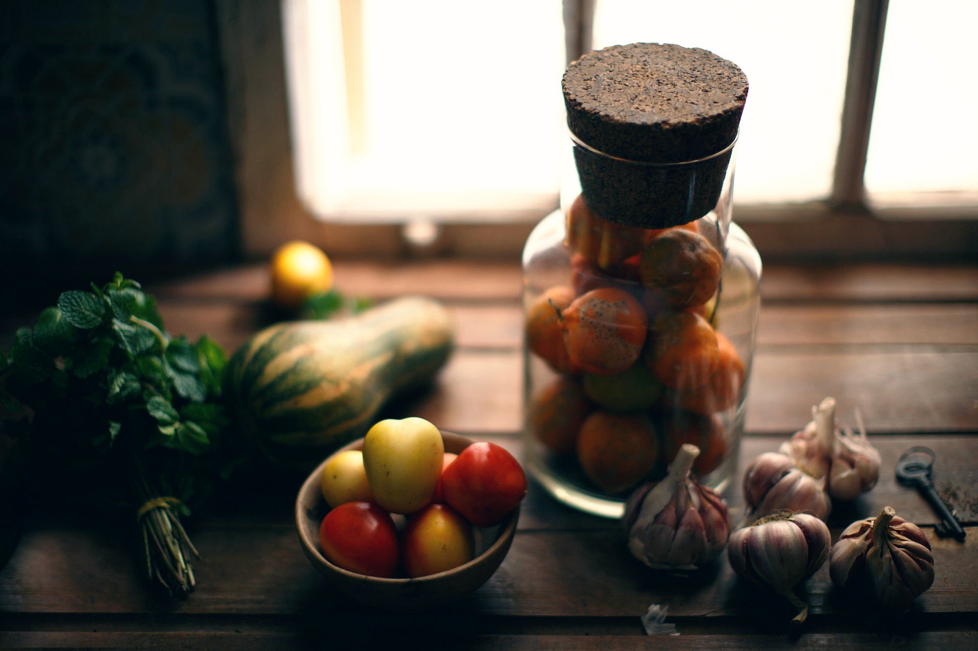 food, Vegetables, Depth of field, Jars, Garlic, Wooden surface Wallpaper