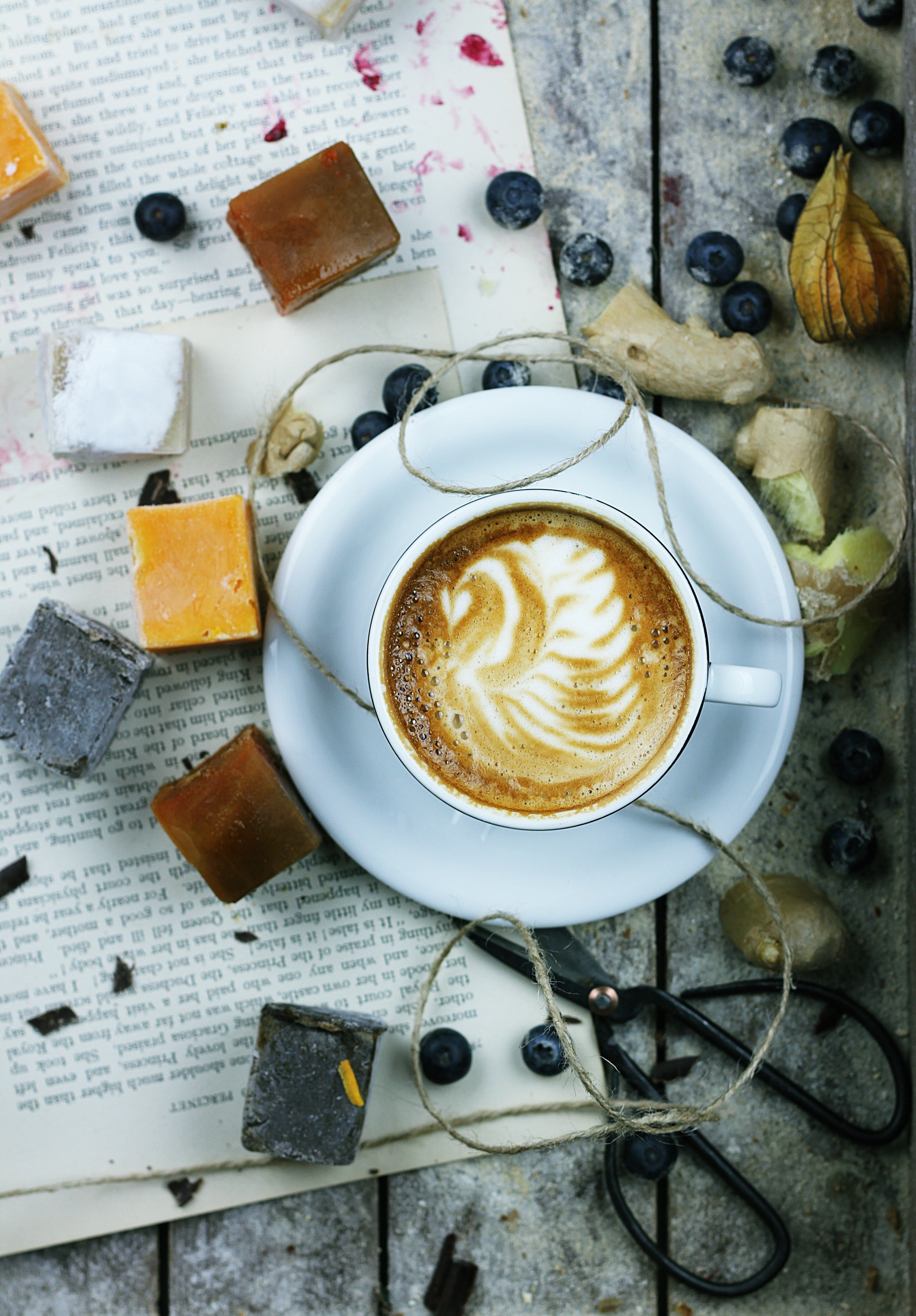 water, Coffee, Cappuccino, Scissors, Wooden surface, Chinese lantern, Fruit, Food, Cup Wallpaper