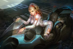 women, Looking at viewer, Big boobs, Bent over, Long hair, Artwork, Vehicle, Futuristic, Science fiction