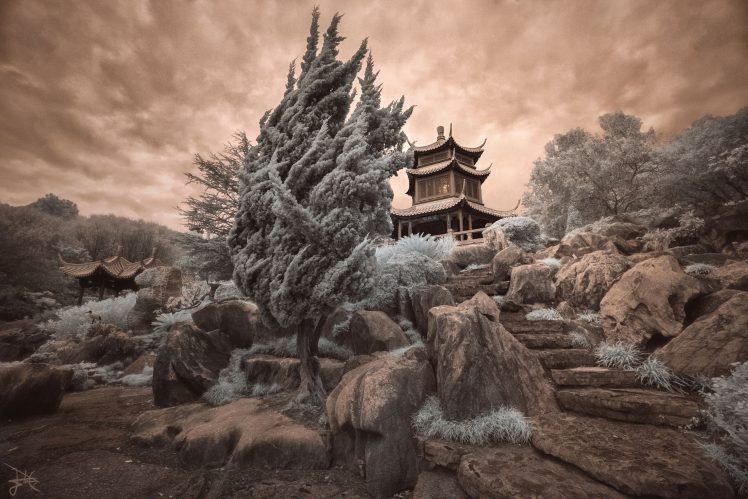 photography, Pagoda, Trees, Rocks, Infrared HD Wallpaper Desktop Background