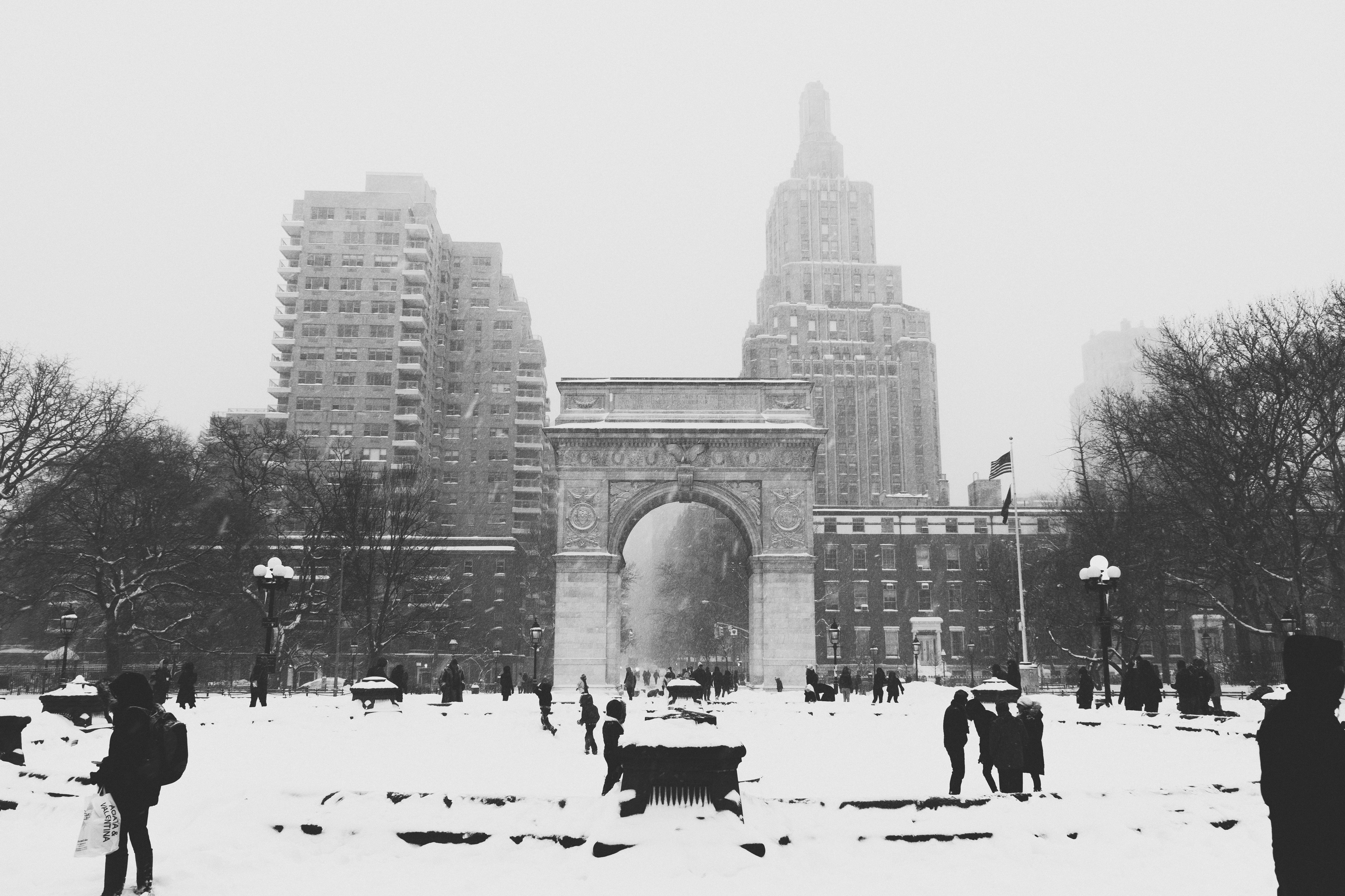 snow, Arch, New York City, Monochrome Wallpaper