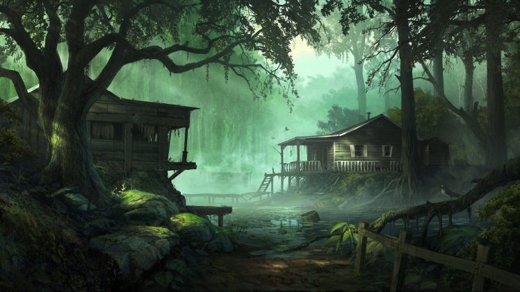 trees, Pond, House HD Wallpaper Desktop Background