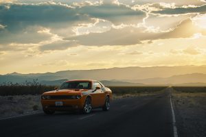 photography, Dodge Challenger, Dodge, Road, Orange cars, Mountains