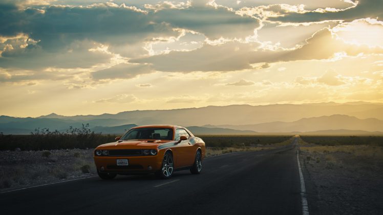photography, Dodge Challenger, Dodge, Road, Orange cars, Mountains HD Wallpaper Desktop Background