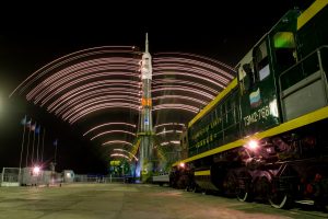Russian, Night, Lights, Train, Baikonur Cosmodrome, Kazakhstan, Rocket, Long exposure, Light trails, Soyuz