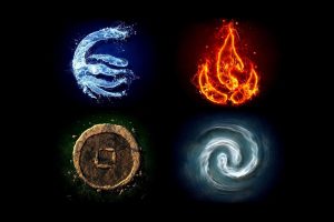 four elements, Water, Fire, Air, Earth, Simple background, Black background, Avatar: The Last Airbender