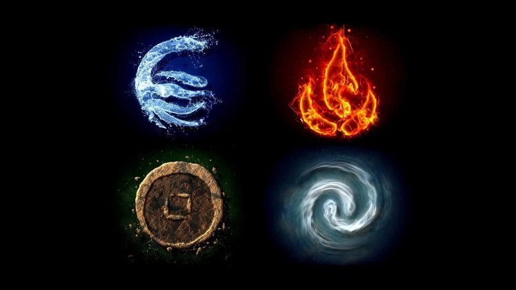 four elements, Water, Fire, Air, Earth, Simple background, Black background, Avatar: The Last Airbender HD Wallpaper Desktop Background