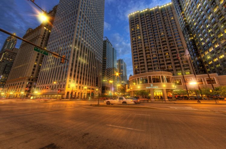 Chicago, City, Night, Lights, HDR, Building, Intersections HD Wallpaper Desktop Background
