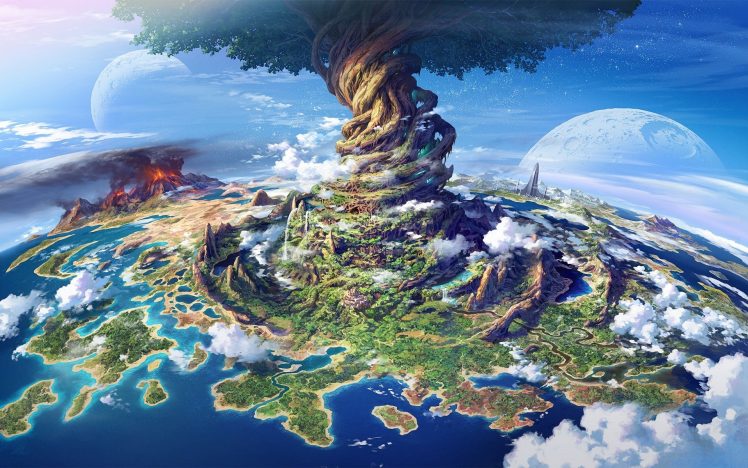 Earth, Planet, Moon, World Tree, Yggdrasil, Volcano, Etrian Odyssey, Etrian Odyssey V HD Wallpaper Desktop Background