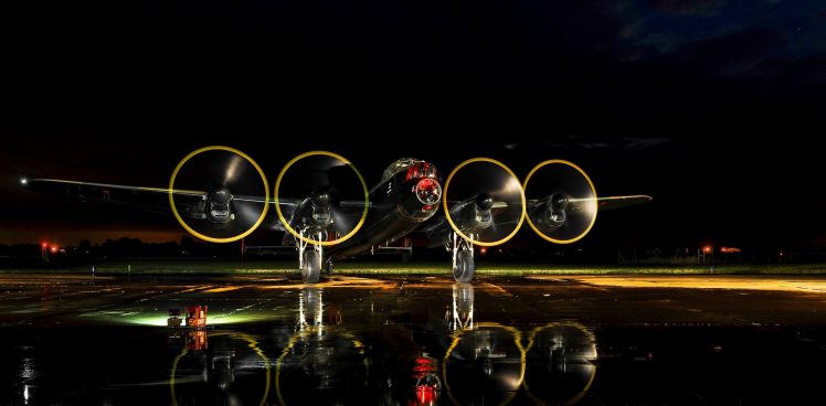 Avro Lancaster, Planes, Bomber, Reflection, Runway, Night HD Wallpaper Desktop Background