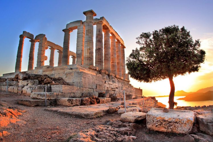 Greek, Architecture, Building, Greece, Ancient, Temple of Poseidon, Trees HD Wallpaper Desktop Background