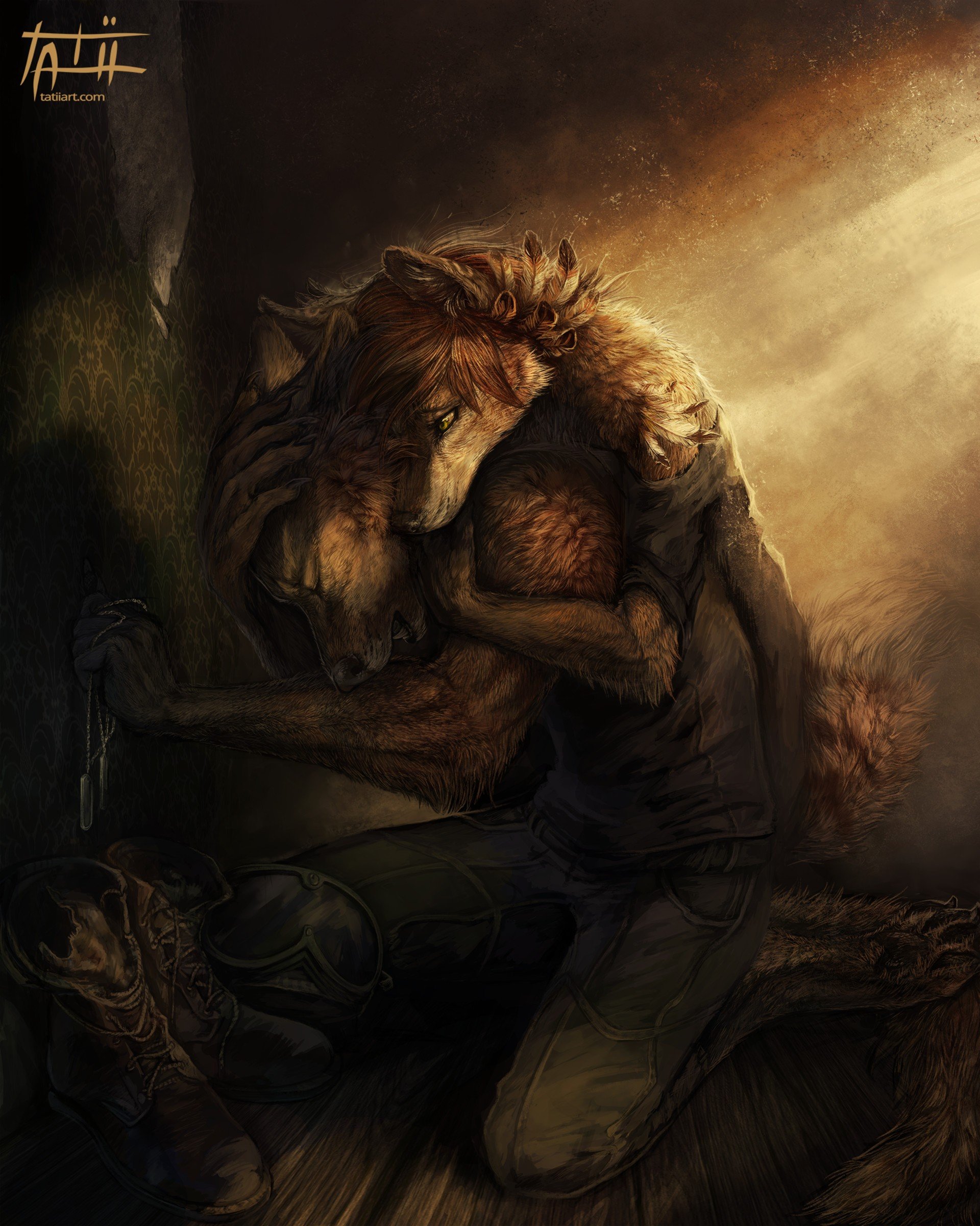 Anthro, Hugging, Furry, Boots, Dog Tags, Sadness Wallpaper