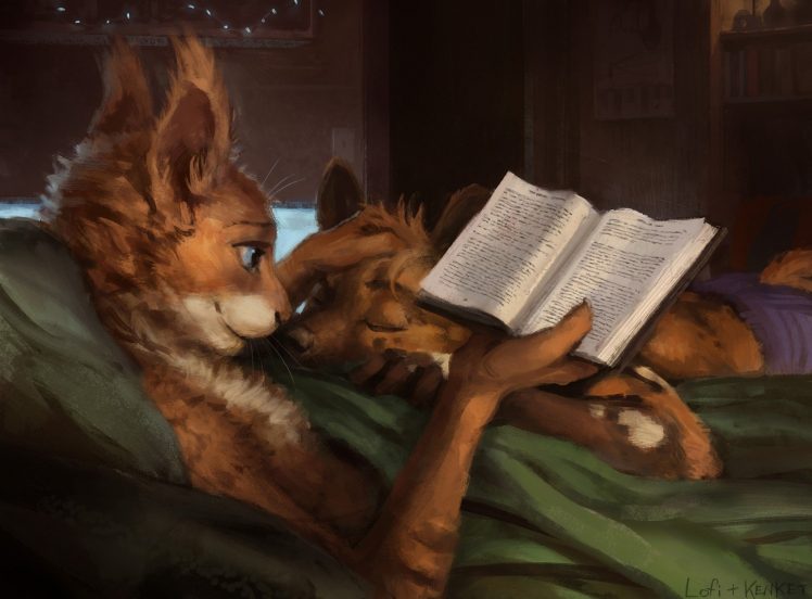 Anthro, In bed, Couple, Furry, Reading HD Wallpaper Desktop Background