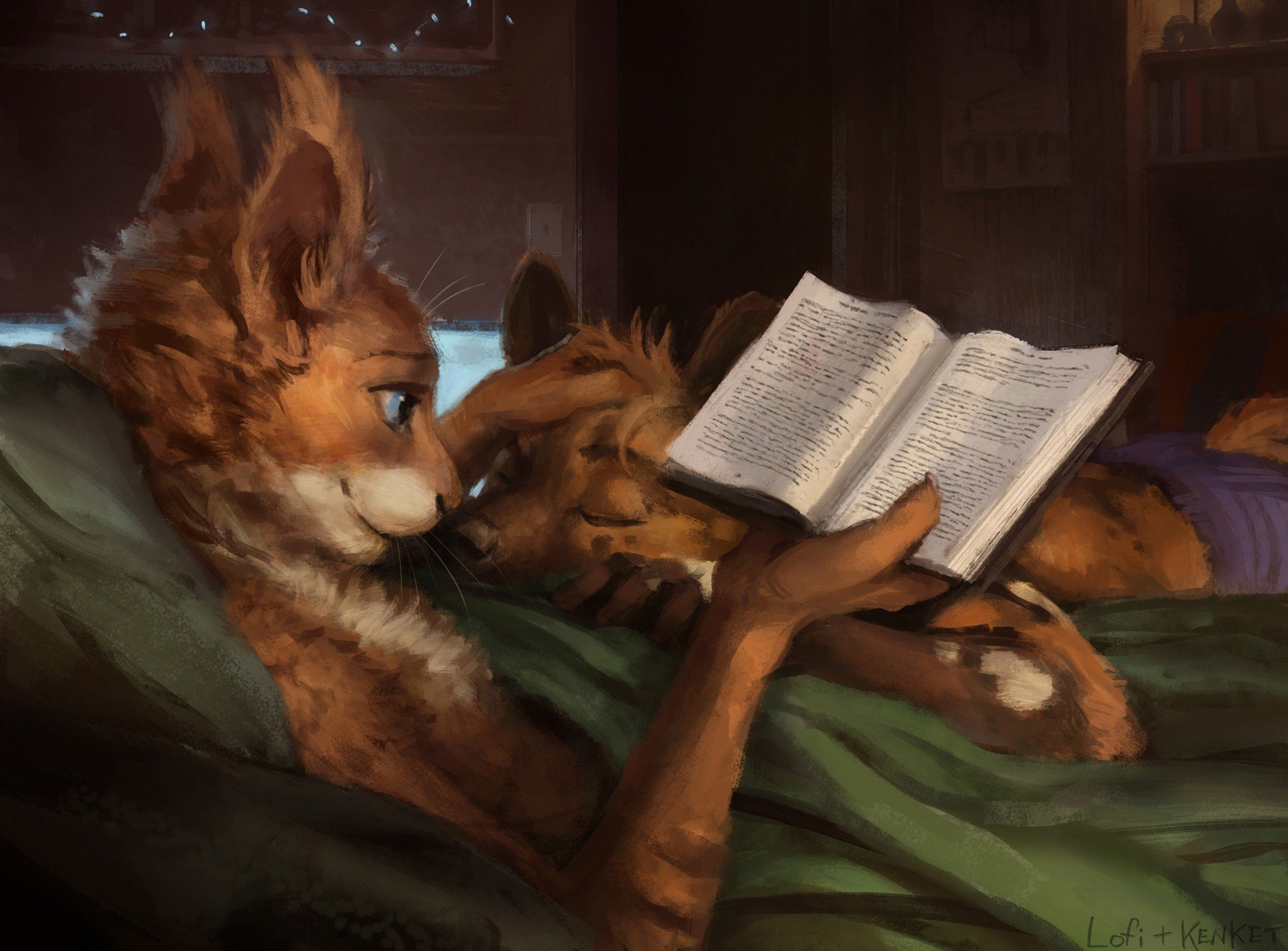Anthro, In bed, Couple, Furry, Reading Wallpaper