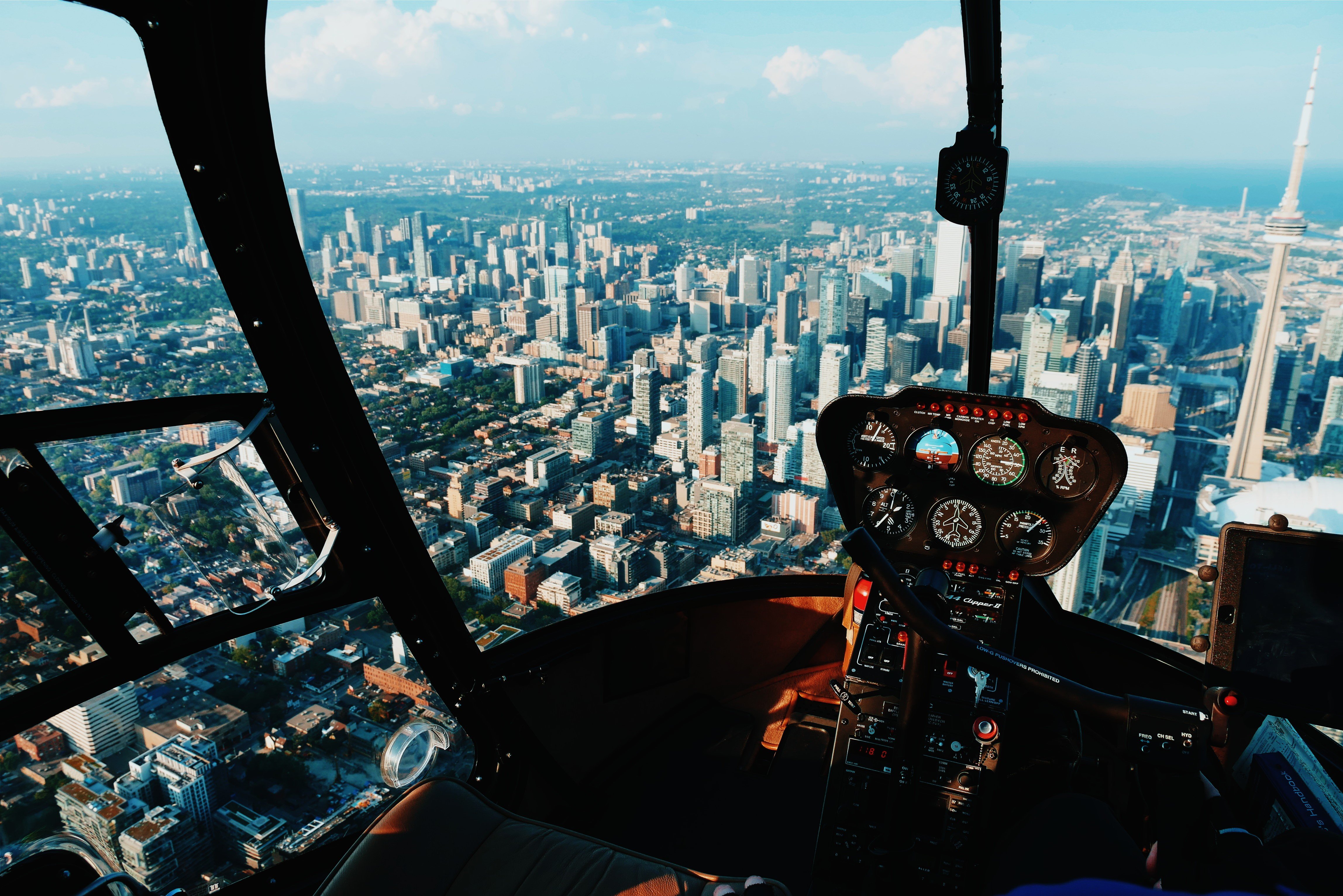 helicopters, Aerial view, Building, Cityscape, Toronto, CN Tower, Canada, Skyscraper, Cockpit, City, Robinson R44 Clipper II Wallpaper