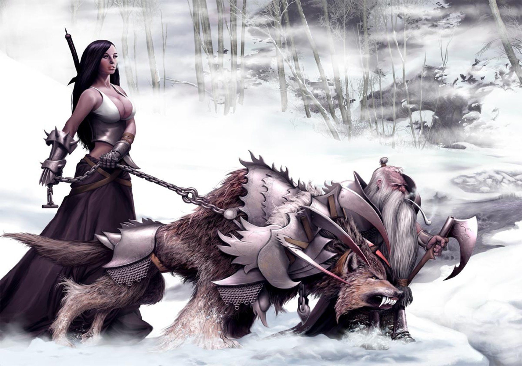 warrior, Dwarfs, Wolf, Chains, Snow, Sword Wallpaper
