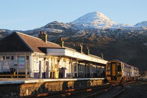 train station, Train, Mountains, Snowy peak, Scotland
