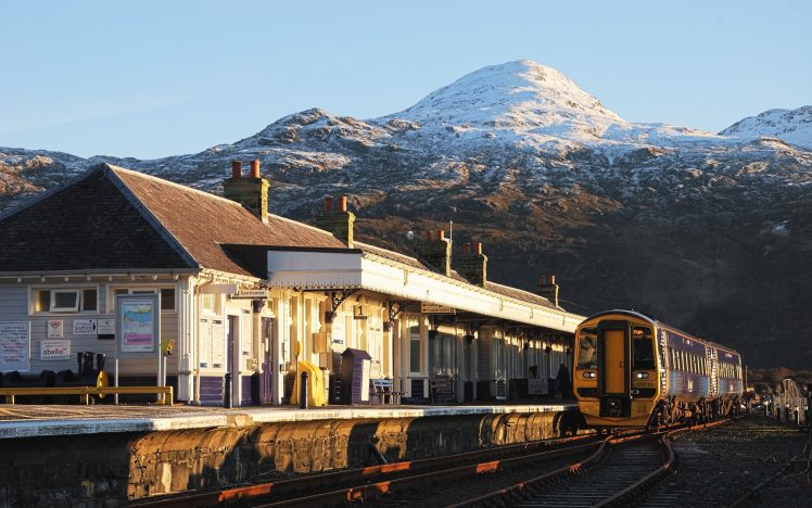 train station, Train, Mountains, Snowy peak, Scotland HD Wallpaper Desktop Background