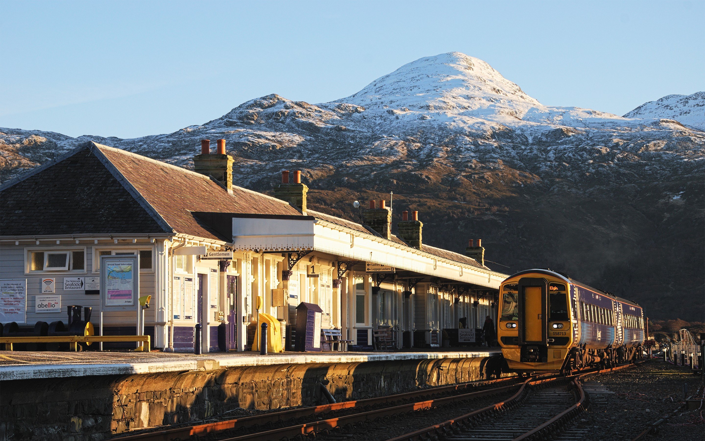 train station, Train, Mountains, Snowy peak, Scotland Wallpaper
