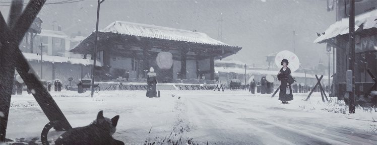 snow, Train station, Parasol, Kimono, Anime girls, Anime HD Wallpaper Desktop Background