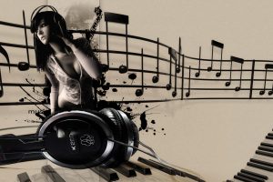 music girl, Headphones, Musical notes