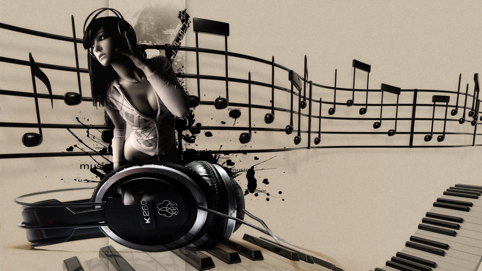 music girl, Headphones, Musical notes Wallpaper