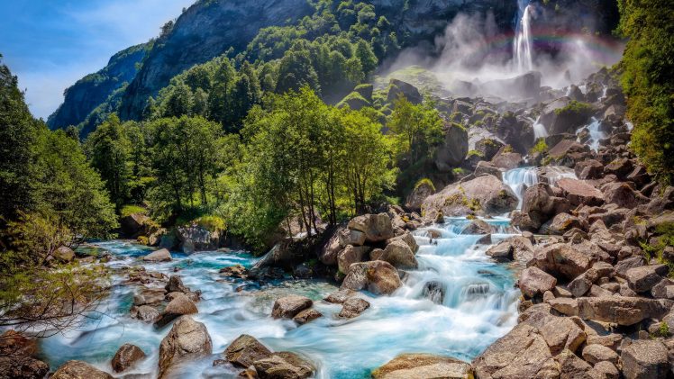 Switzerland, Waterfall, Water, Rocks, Trees HD Wallpaper Desktop Background
