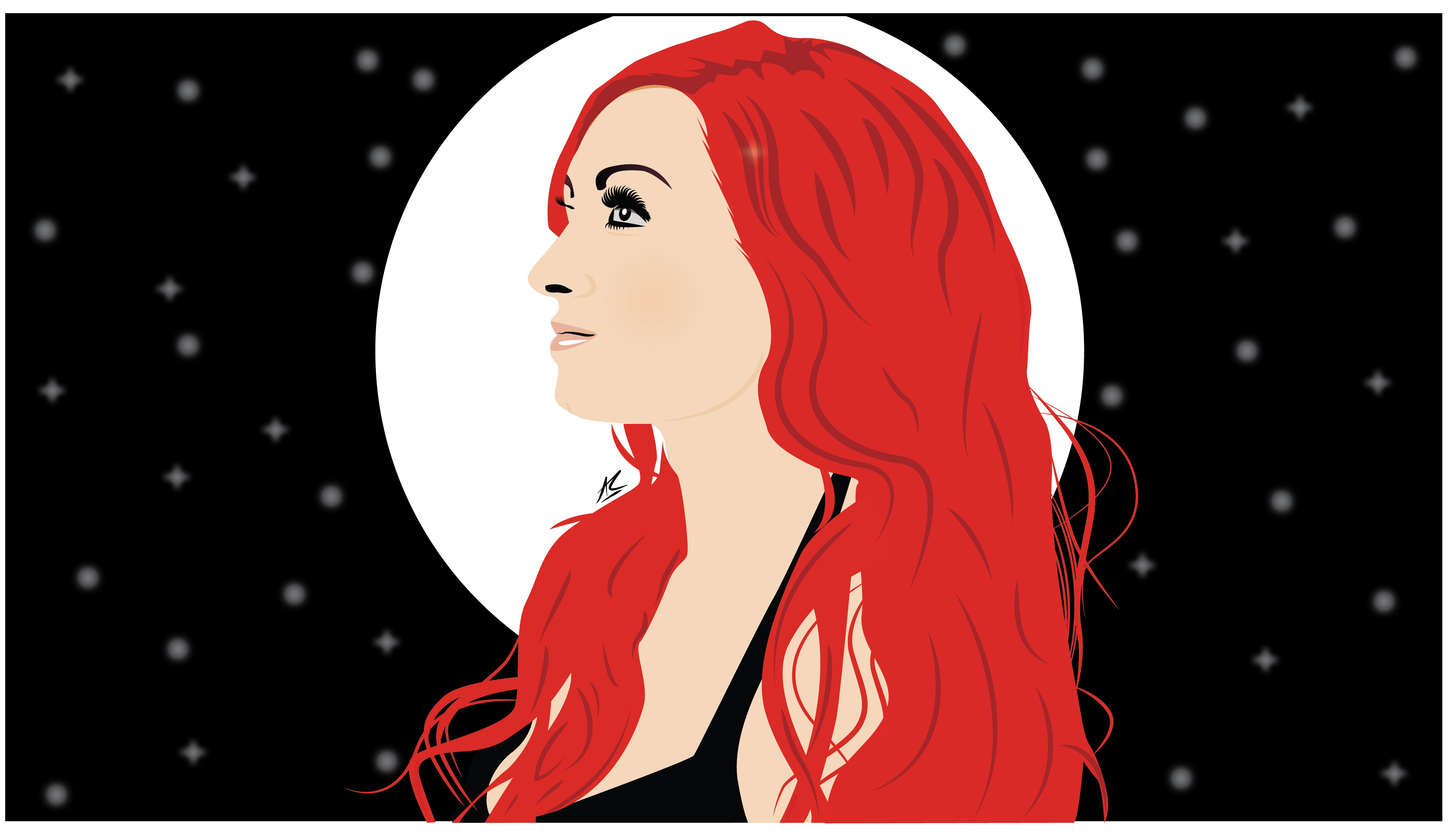 redhead, Vector, Black background, Moonlight, Moonlight Lady, Star trails, Illustration Wallpaper