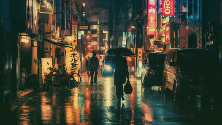Masashi Wakui, Photography, Photo manipulation, Umbrella, Neon lights HD Wallpaper Desktop Background