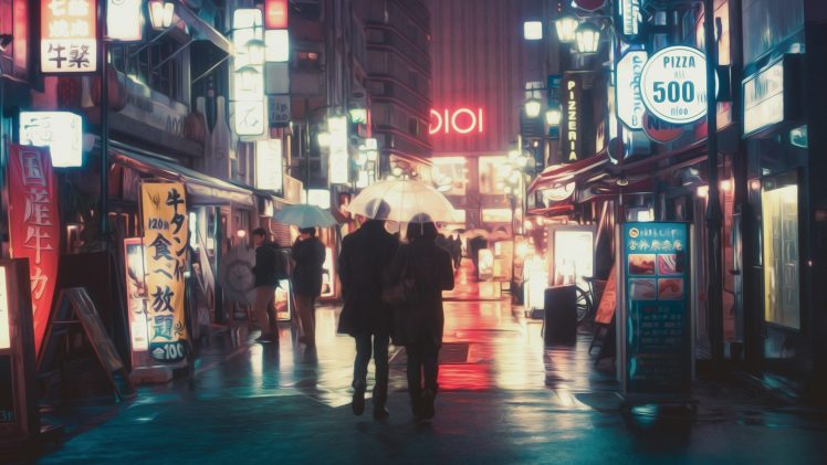 Masashi Wakui, Photography, Photo manipulation, Umbrella, Neon lights HD Wallpaper Desktop Background