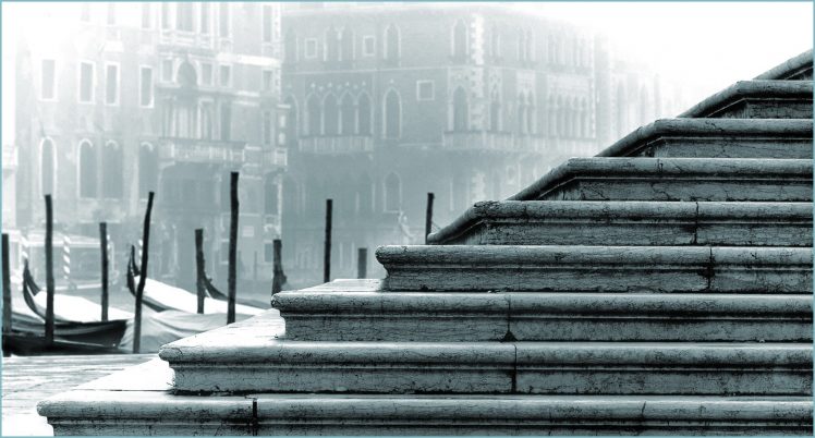 architecture, Building, City, Cityscape, Stairs, Venice, Italy, River, Boat, Old building, Monochrome, Gondolas HD Wallpaper Desktop Background