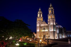 people, Architecture, Religious, Temple, Cathedral, Mexico, Trees, Night, Lights, Tower