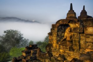 Buddha, Architecture, Religious, Temple, Indonesia, Buddhism, HDR, Trees, Mountains, Mist, Stones, Sculpture, Meditation, Calm