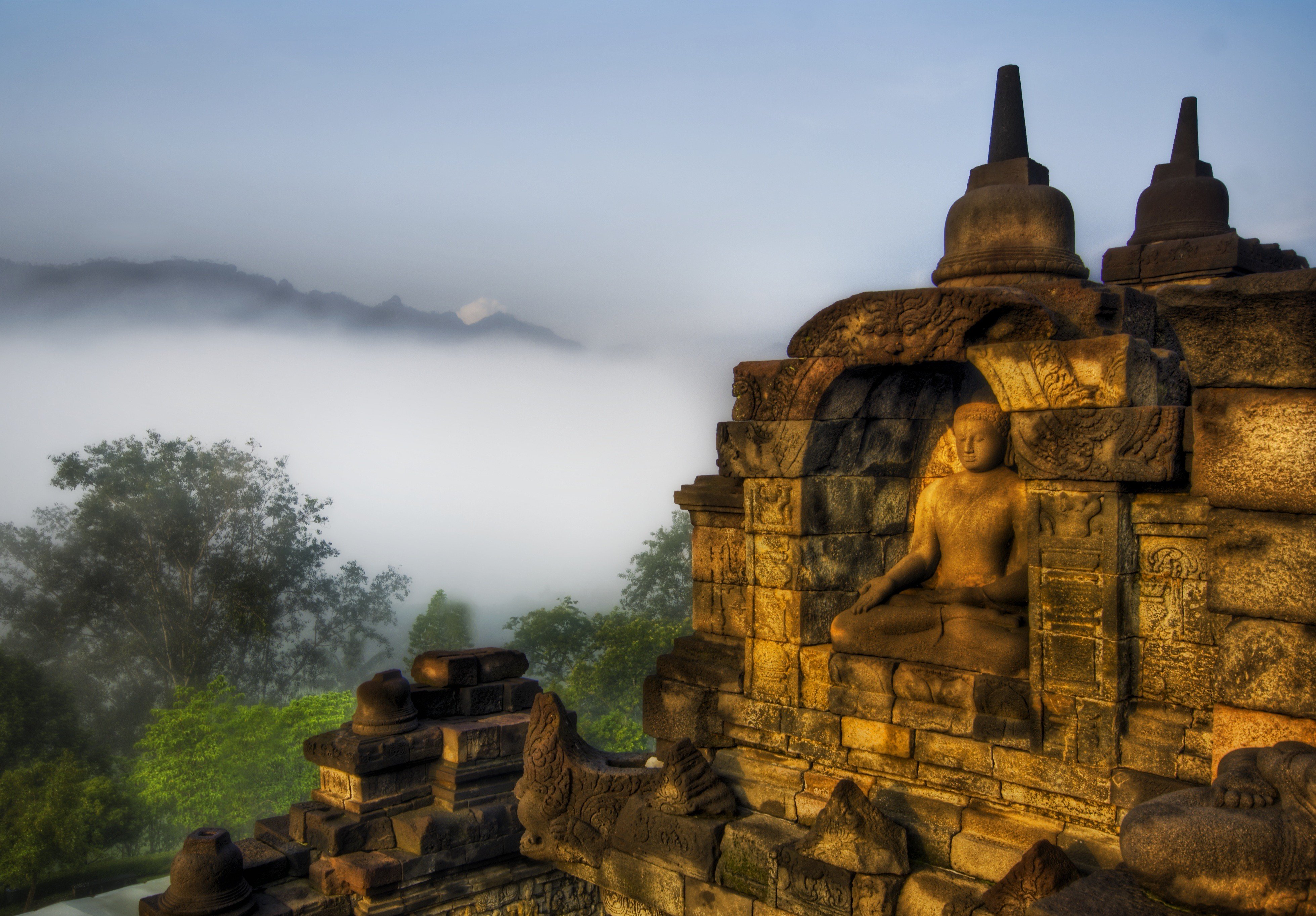 Buddha, Architecture, Religious, Temple, Indonesia, Buddhism, HDR, Trees, Mountains, Mist, Stones, Sculpture, Meditation, Calm Wallpaper