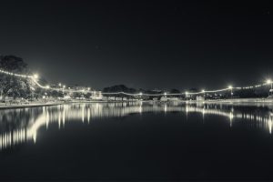 lake, Reflection, Lights, Night, Monochrome