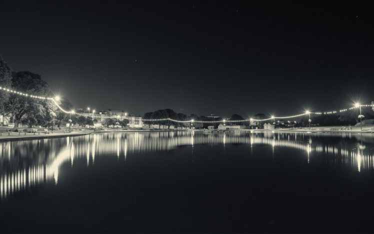 lake, Reflection, Lights, Night, Monochrome HD Wallpaper Desktop Background