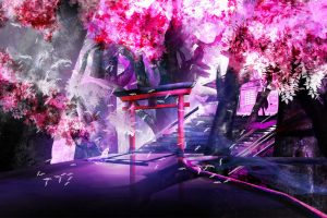 shrine, Cherry trees, Purple