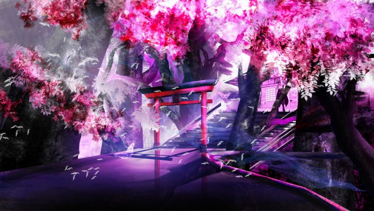 shrine, Cherry trees, Purple HD Wallpaper Desktop Background