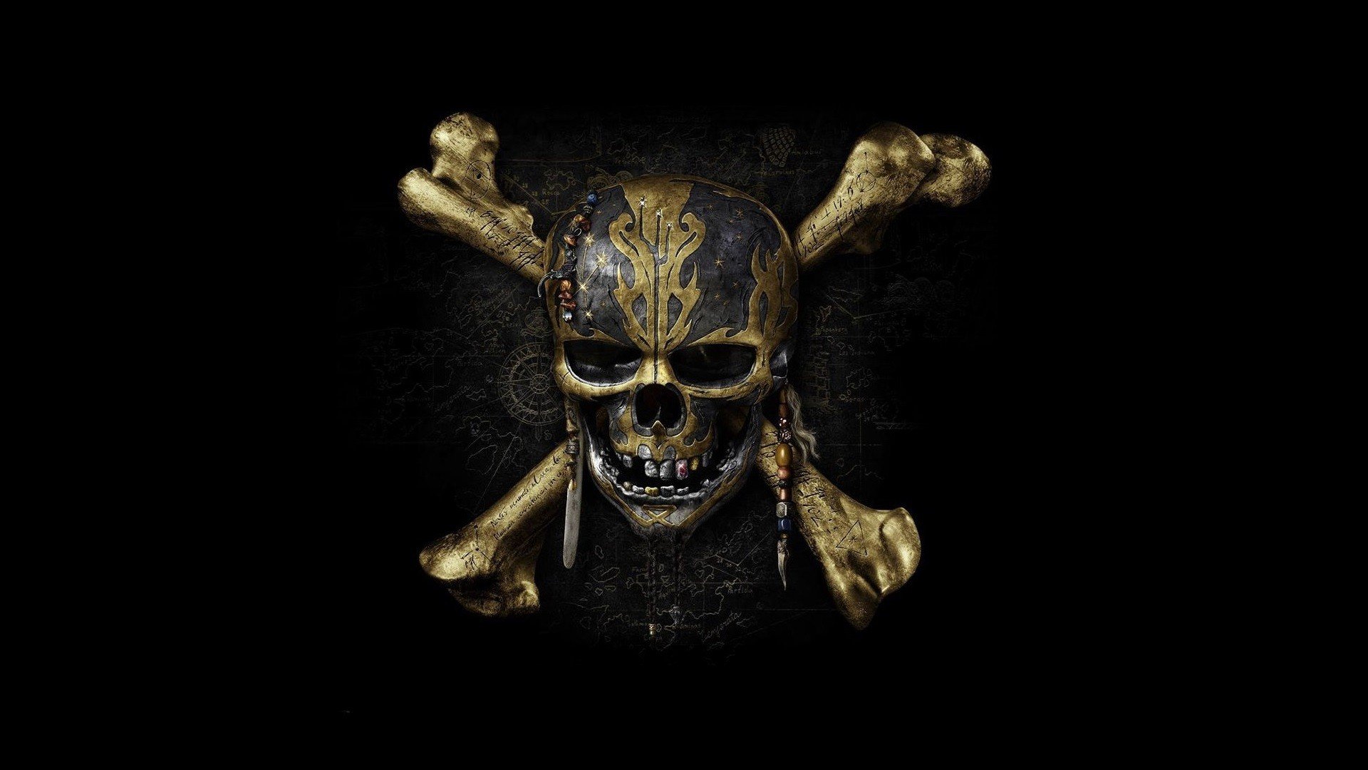 Pirates of the Caribbean: Dead Men Tell No Tales, Skull, Black background, Skull and bones Wallpaper