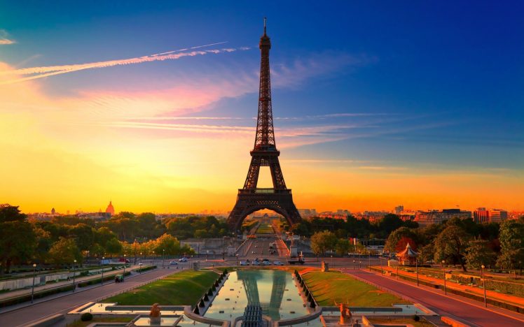 Eiffel Tower, Sun, Paris, Trocadero gardens HD Wallpaper Desktop Background