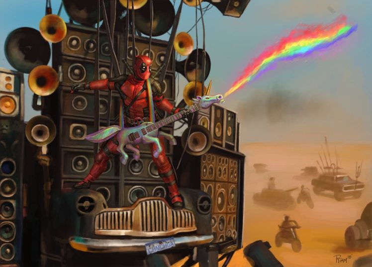 Mad Max: Fury Road, Deadpool, Unicorns, Parody, Speakers, Guitar HD Wallpaper Desktop Background