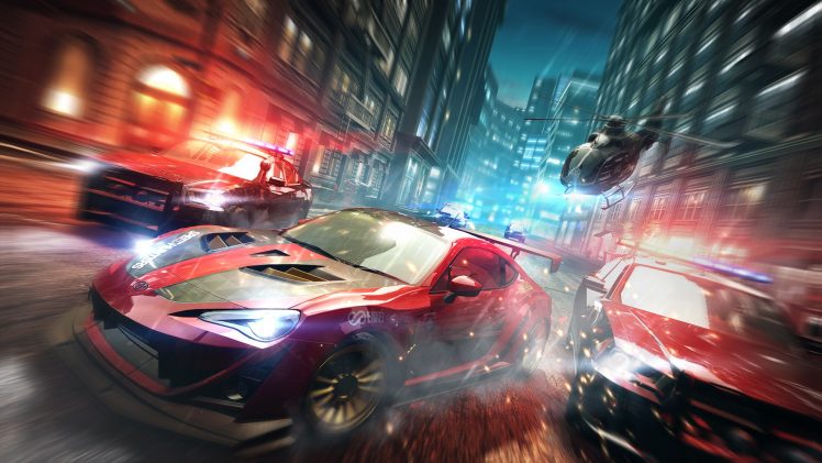 Need for Speed: No Limits, Video games, Night, City, Toyota 86, Tuning, Police cars, Motion blur, Dodge Charger, Helicopters, Need for Speed HD Wallpaper Desktop Background