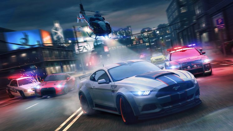 Need for Speed: No Limits, Video games, Night, City, Ford Mustang GT, Nissan GT R, BMW M4, Police cars, Tuning, Motion blur, Need for Speed HD Wallpaper Desktop Background