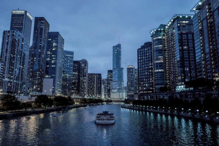 building, Lights, River, Chicago, USA HD Wallpaper Desktop Background