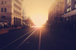 street, Cityscape, Road, Sunrise, Sun rays