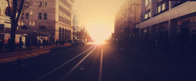 street, Cityscape, Road, Sunrise, Sun rays HD Wallpaper Desktop Background