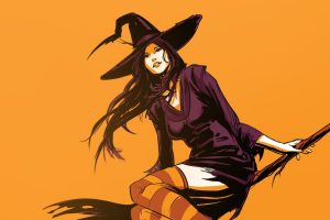 witch, Looking at viewer, Orange background, Halloween, Thigh highs