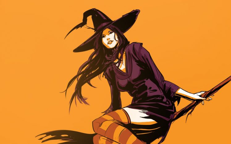 witch, Looking at viewer, Orange background, Halloween, Thigh highs HD Wallpaper Desktop Background