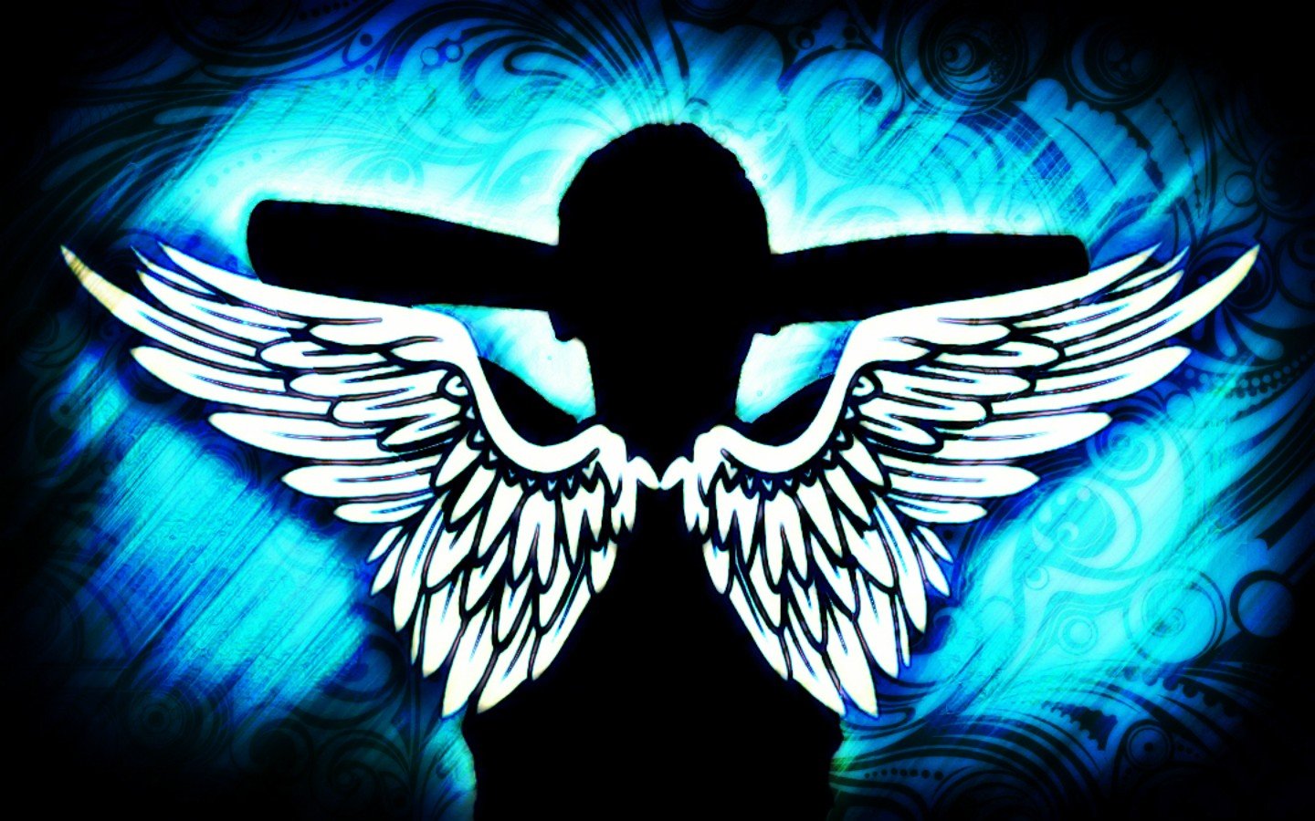 angel, Silhouette, Blue, Black, Wings Wallpaper